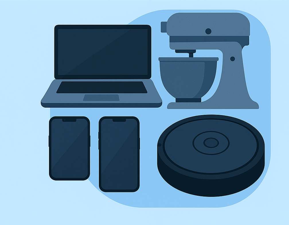 Gadgets: laptop, smartphones, mixer, vacuum